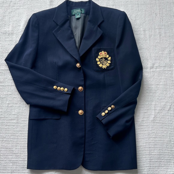 Lauren Ralph Lauren Navy Blue Preppy Academia Gold Logo Crest Wool Blazer sz 10 - Picture 6 of 12
